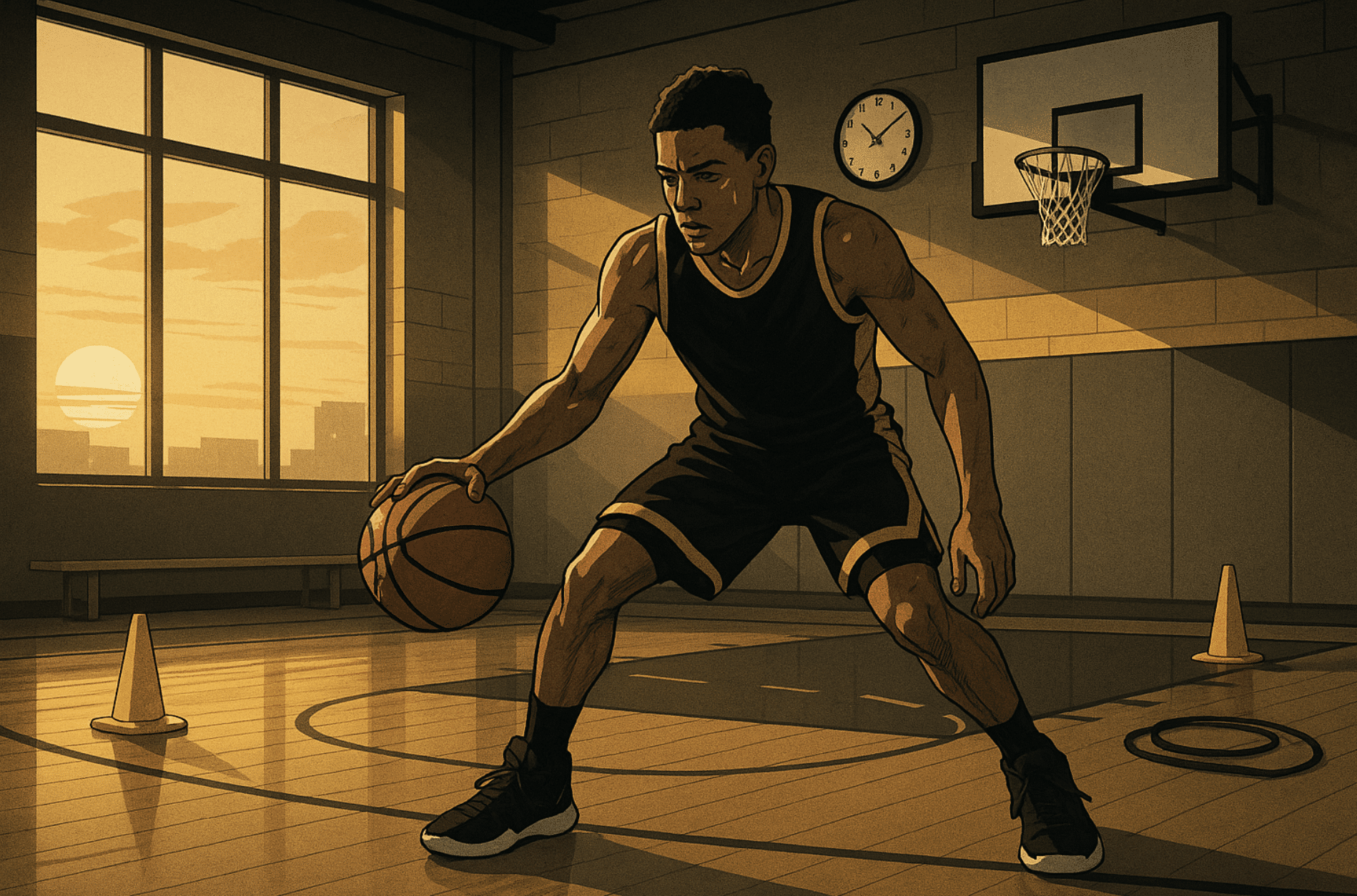 Youth basketball player training alone in a gym at sunrise, focused on improving.